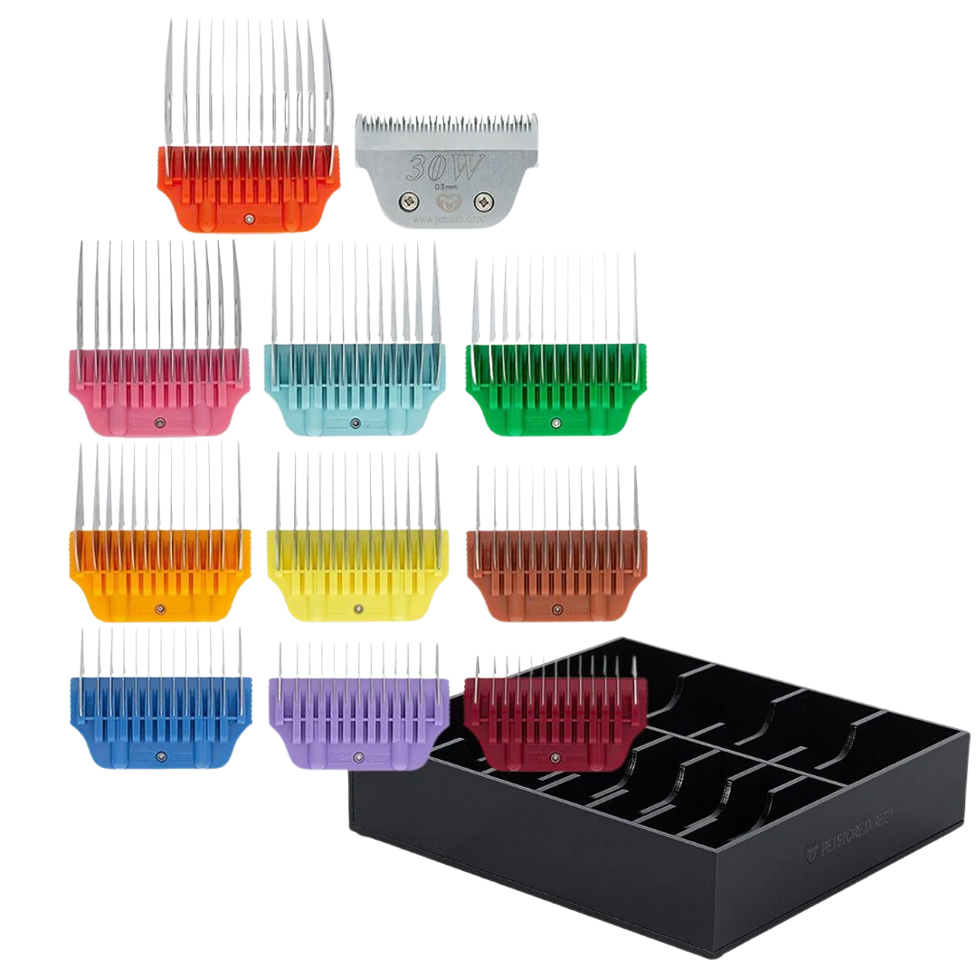 Wide Colored Combs Set of 10 and 30W Blade With Black Holder by PetStore.Direct