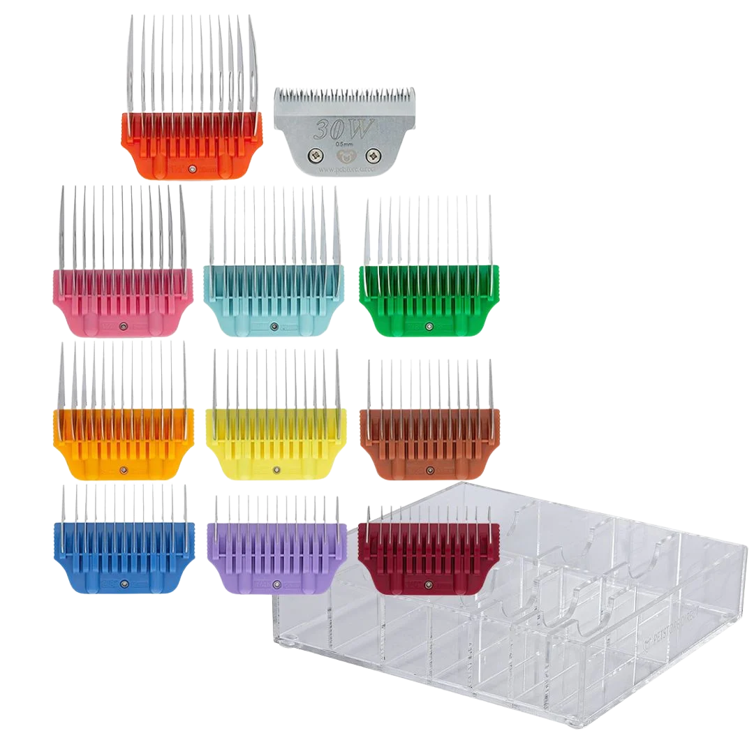 Wide Colored Combs Set of 10 and 30W Blade With Clear Holder by PetStore.Direct