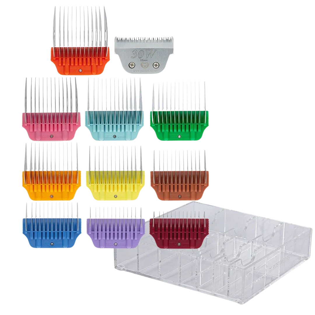 Wide Colored Combs Set of 10 and 30W Blade With Clear Holder by PetStore.Direct
