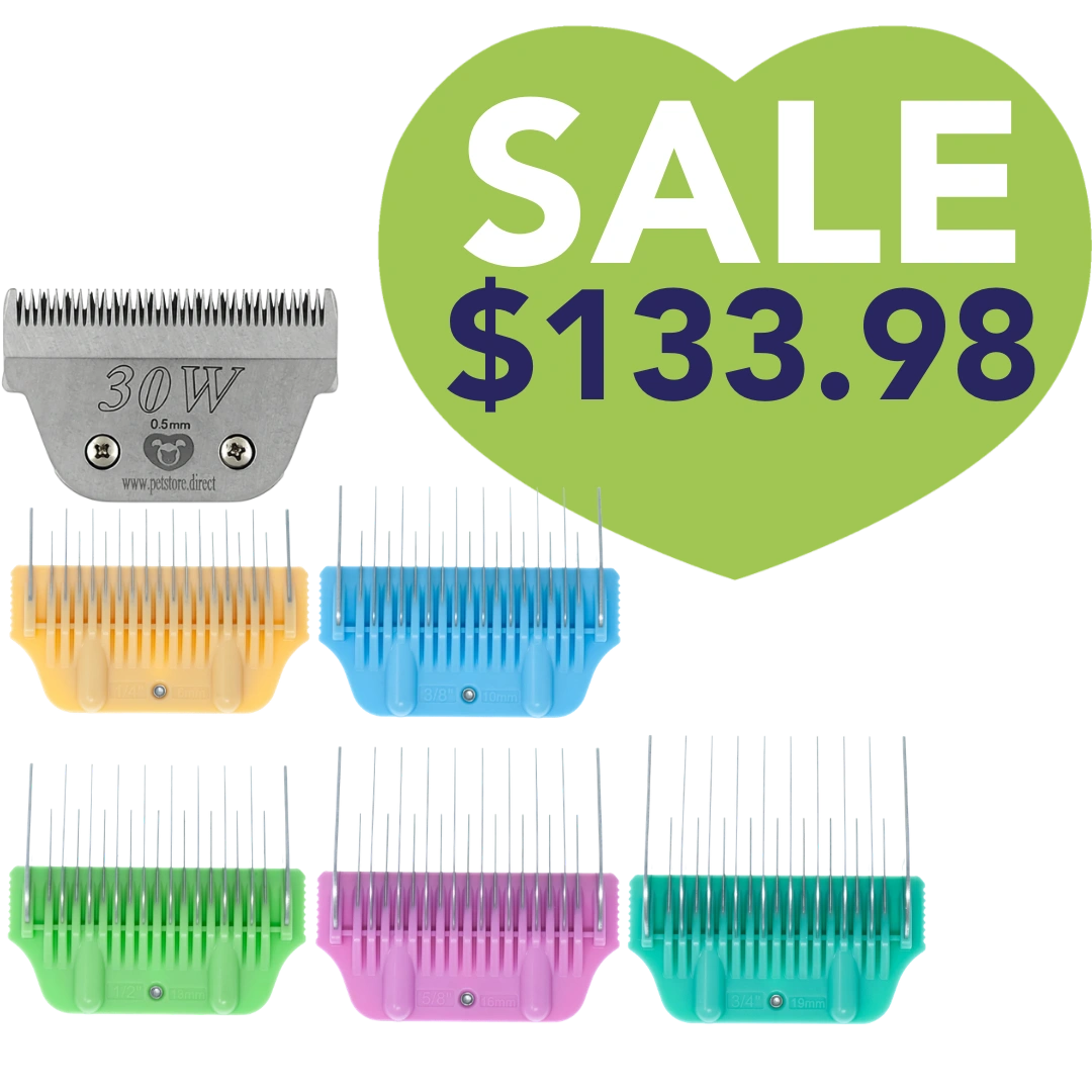 5pc Wide Glide Skip Tooth Comb Attachment Bundle with #30W Blade by PetStore.Direct