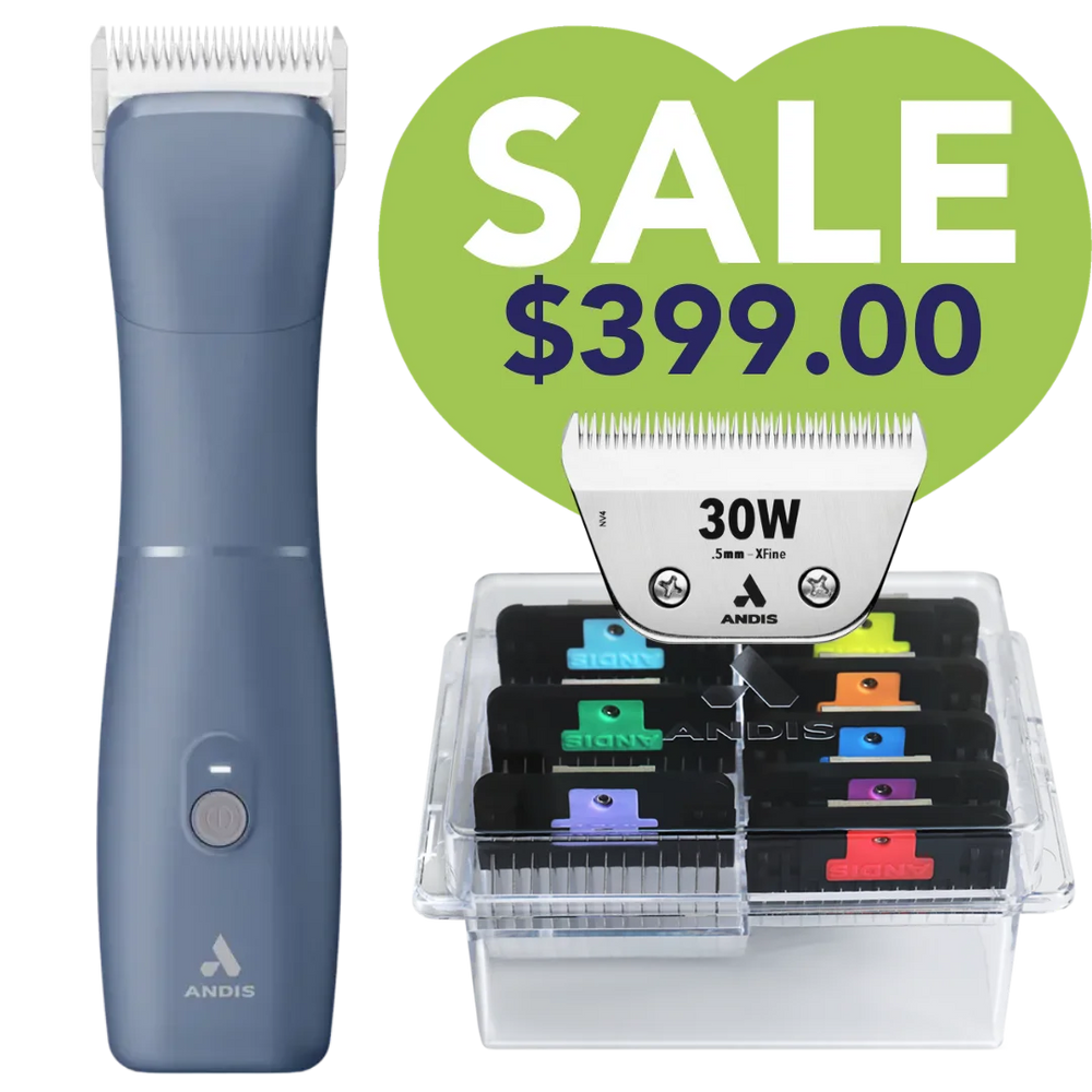 Emerge Clipper Blue with #30W Blade and 8Pc Wide Comb Attachment Bundle by Andis