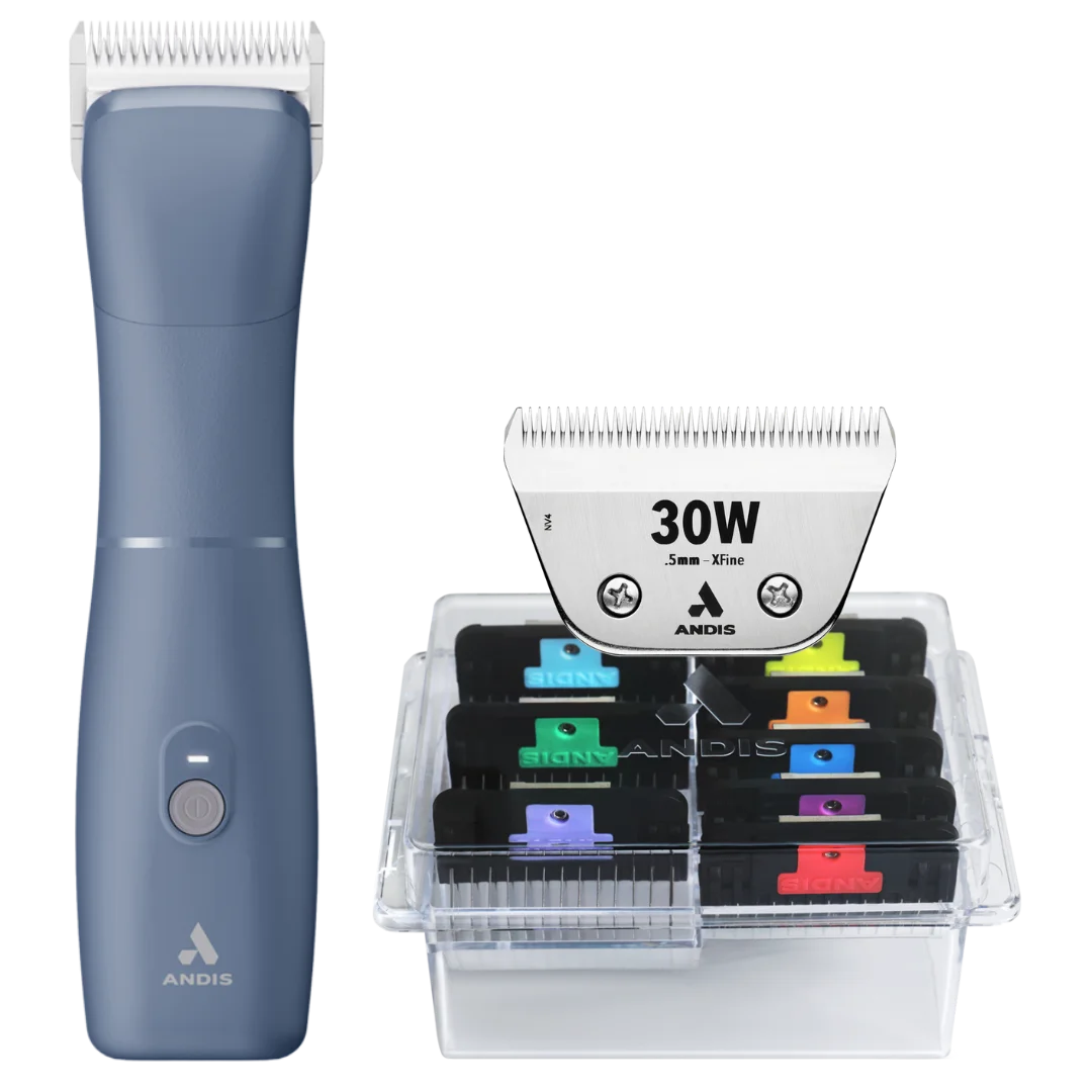 Emerge Clipper Blue with #30W Blade and 8Pc Wide Comb Attachment Bundle by Andis