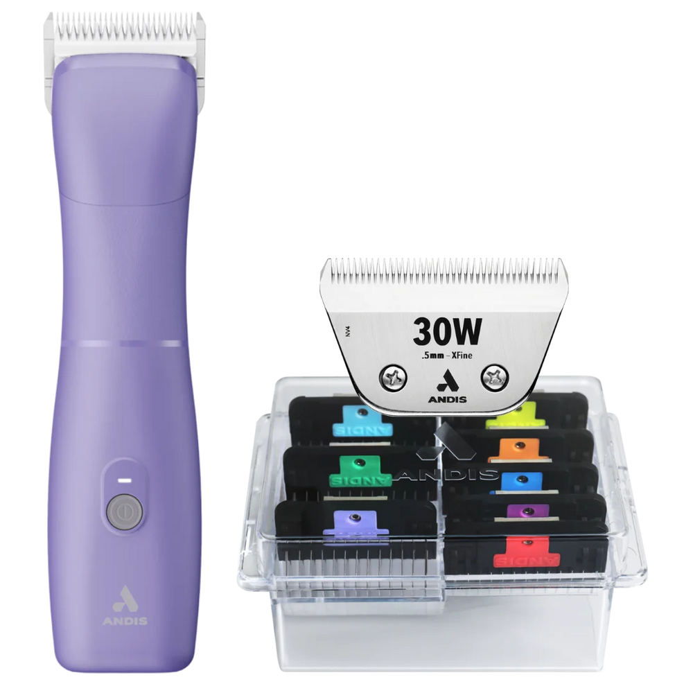 Emerge Clipper Purple with #30W Blade and 8Pc Wide Comb Attachment Bundle by Andis