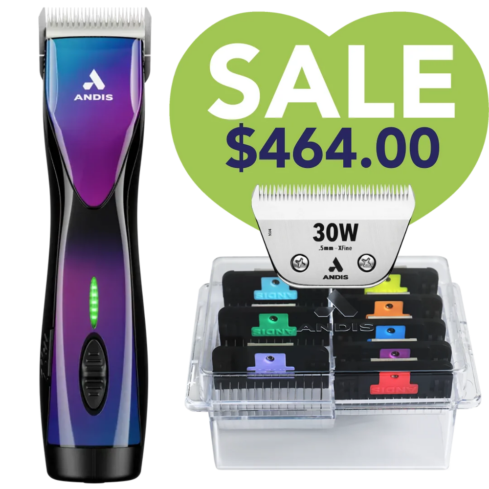 Pulse ZR II Purple Galaxy Clipper with #30W Blade and 8Pc Wide Comb Attachment Bundle by Andis