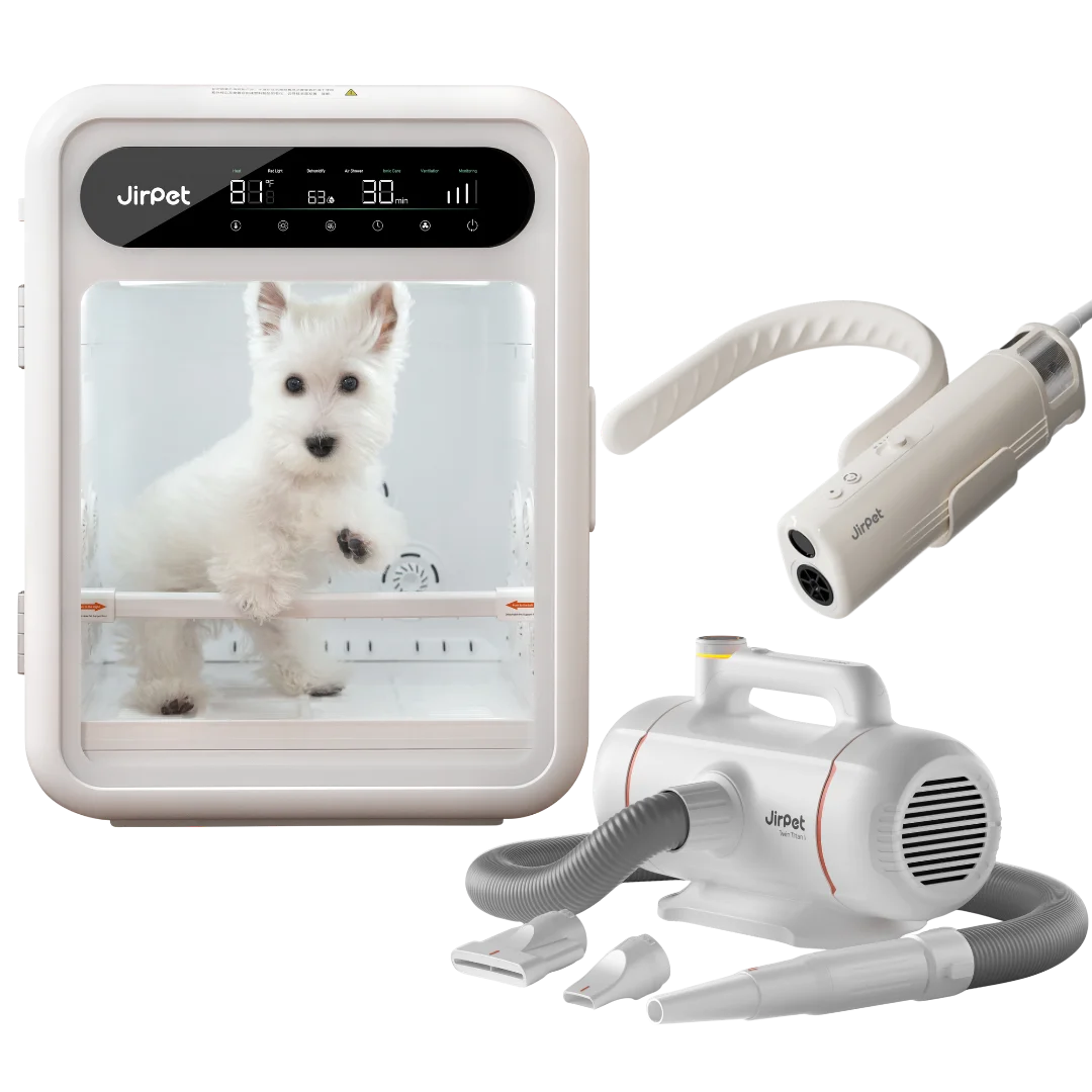 jirpet-f1-cabin-dryer-twin-titan-force-dryer-and-harmony-neck-dryer-for-dog-grooming