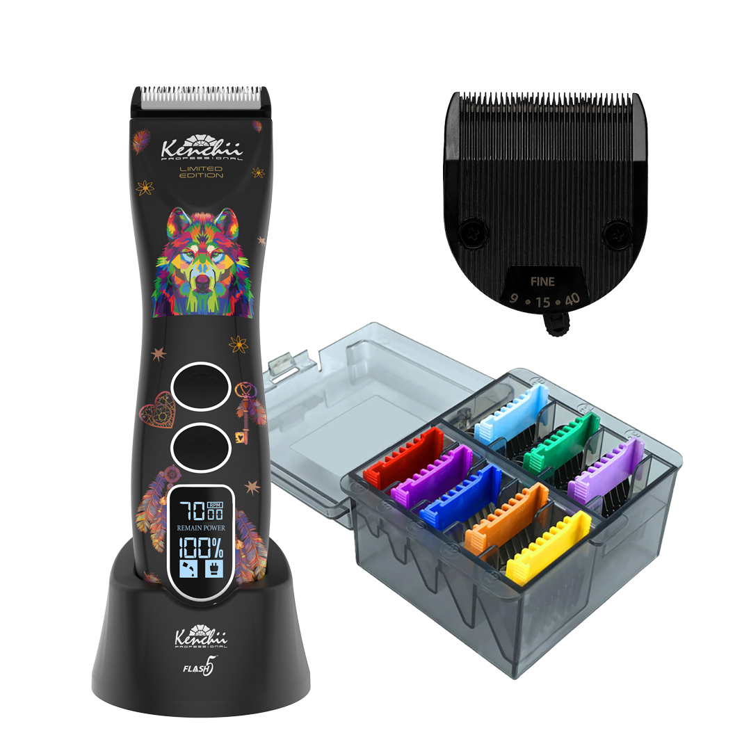 Pre-Order Flash5 Wolf Matte Black 5-in-1 Cordless Clipper with Comb Set and Detailer Blade by Kenchii