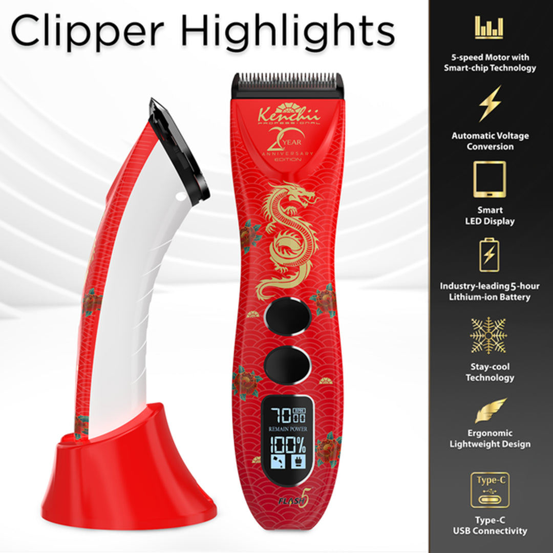 Flash5 5-in-1 Digital Cordless Clipper Red with Comb Set and Detailer Blade by Kenchii