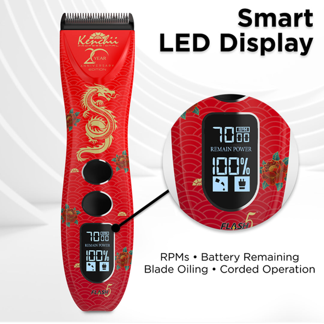 Flash5 5-in-1 Digital Cordless Clipper Red with Comb Set and Detailer Blade by Kenchii