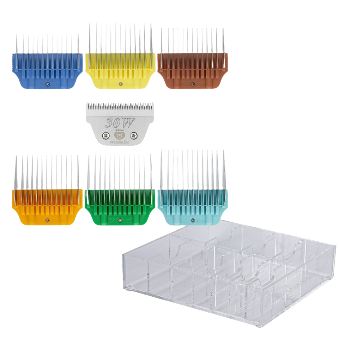 Wide Colored Combs Set of 6 and 30W Blade With Clear Holder by PetStore.Direct