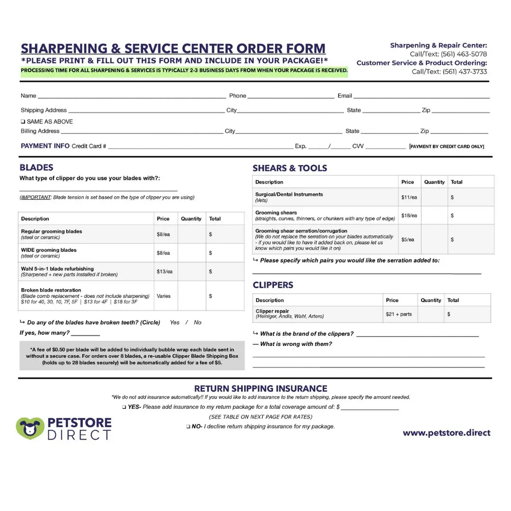 Sharpening and Repair Form by PetStore.Direct