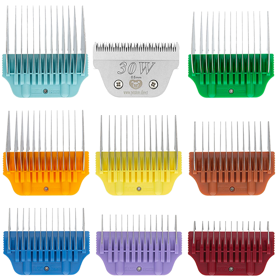 Wide Combs Colored Set of 8 (1/8″ through 1″) with 30W blade by PetStore.Direct