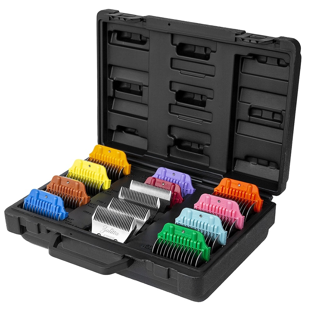 zolitta case set with 10 colored combs and 4 blades