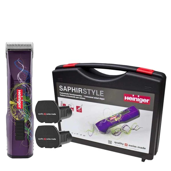 heiniger purple saphir cordless clipper with two batteries in a case