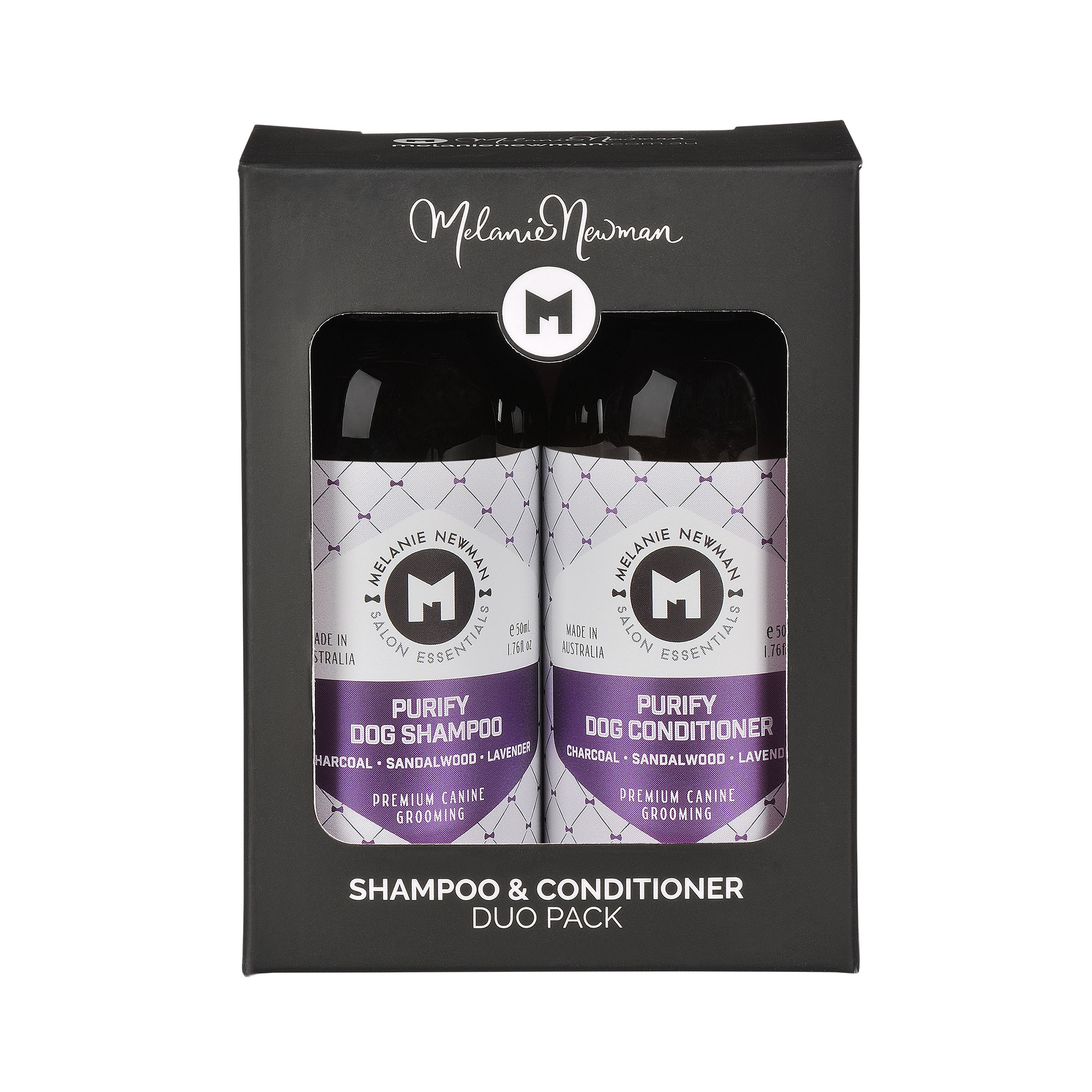 melanie newman purify shampoo conditioner 50ml duo pack for dog grooming