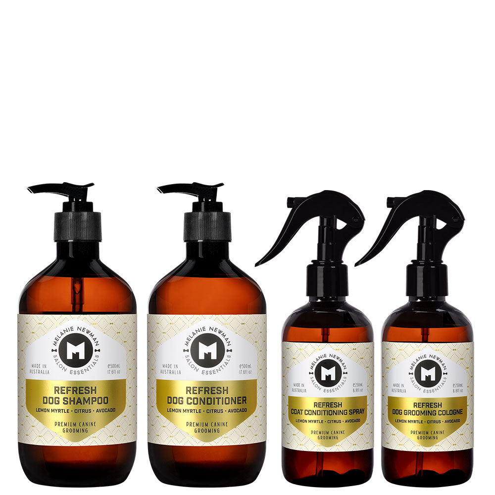 melanie newman refresh shampoo 500ml, conditioner 500ml, spray 250ml, cologne 250ml