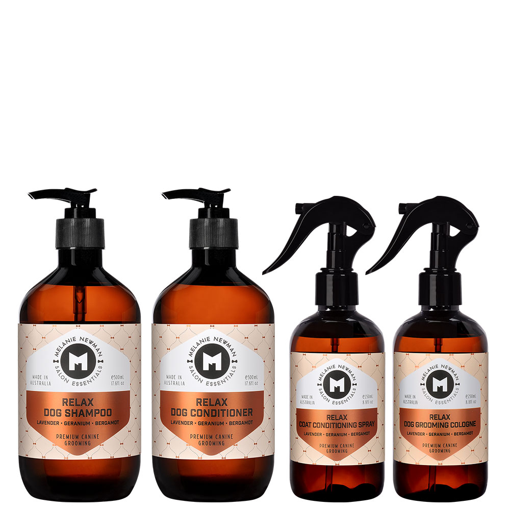 melanie newman relax shampoo 500ml, conditioner 500ml, spray 250ml, cologne 250ml
