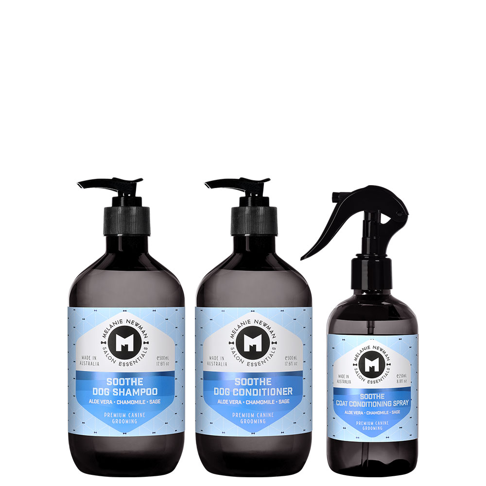 melanie newman soothe shampoo 500ml, conditioner 500ml, spray 250ml