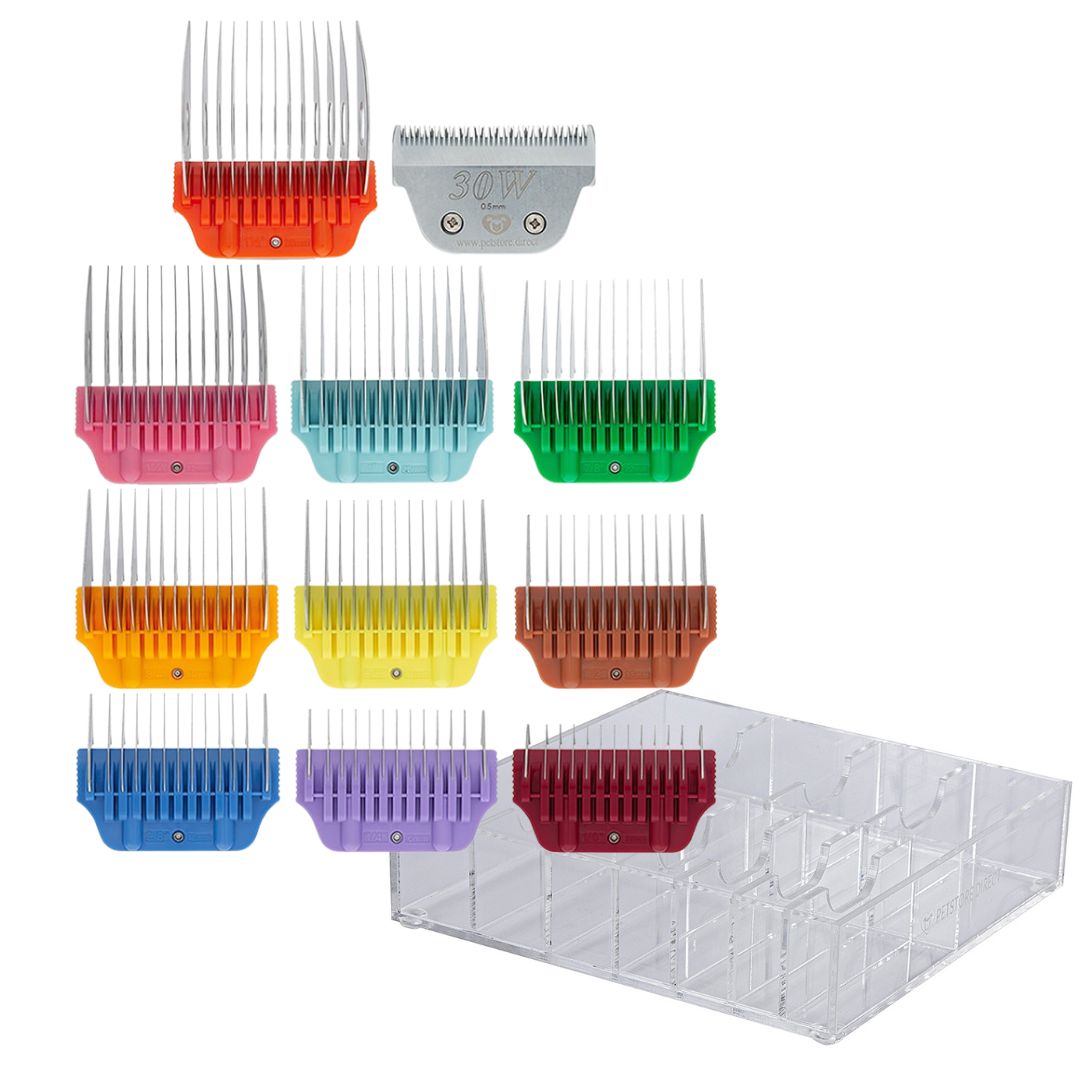 petstore.direct wide colored combs set of 10 and 30w blade with clear holder